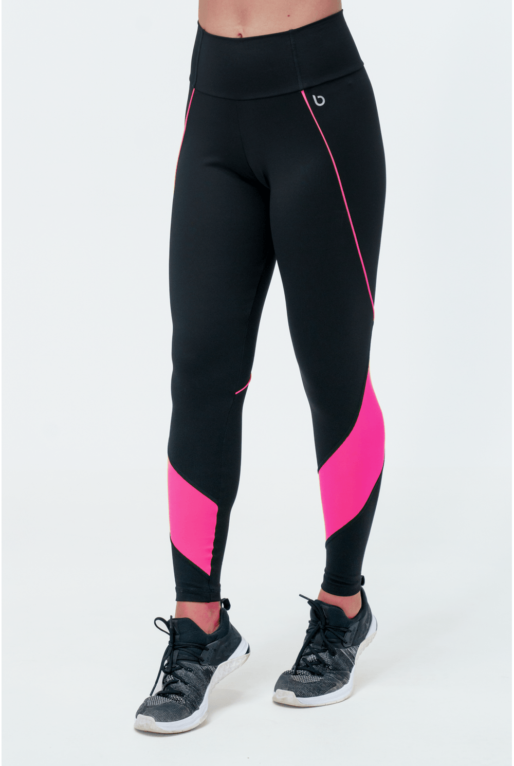 Calça Legging com Faixa Assimétrica (Preto / Rosa Neon)